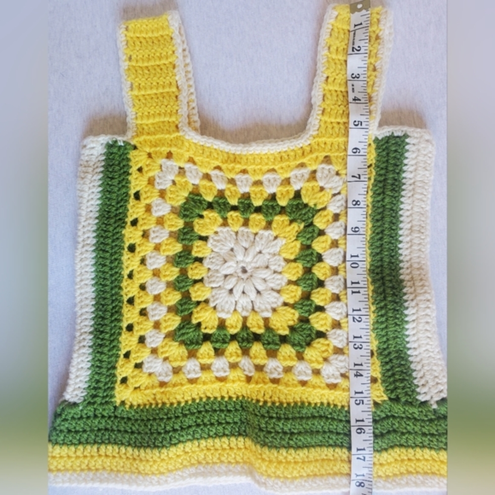 Vintage crochet knit tank top floral wool yellow VTG 70s cottagecore boho small - Picture 10 of 11
